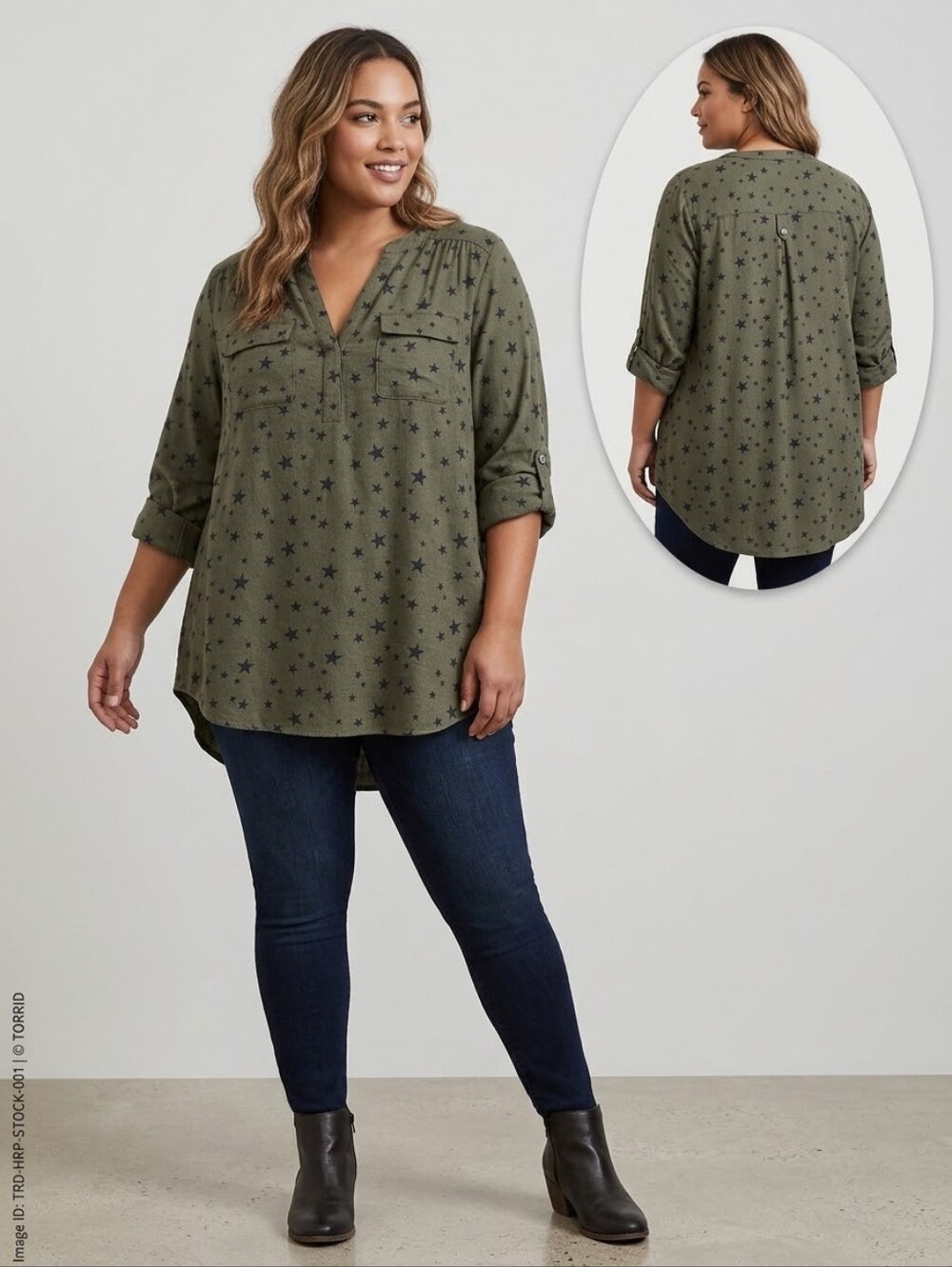 Torrid Harper Softest Flannel Tunic 3/4 Sleeve Star Pop Deep Depths 0/L/12